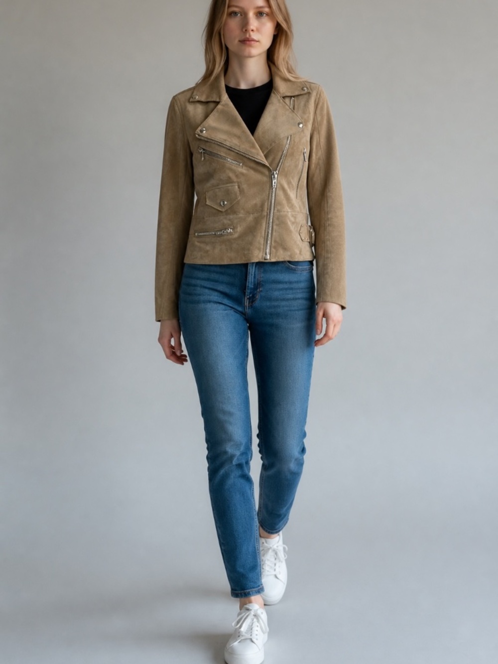BLANKNYC Women’s Faux Suede Moto Jacket Tan Beige Biker Size Small Petite